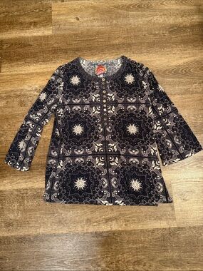 Johnny Was Black and Cream Paisley-Print Long Sleeve Button Tee